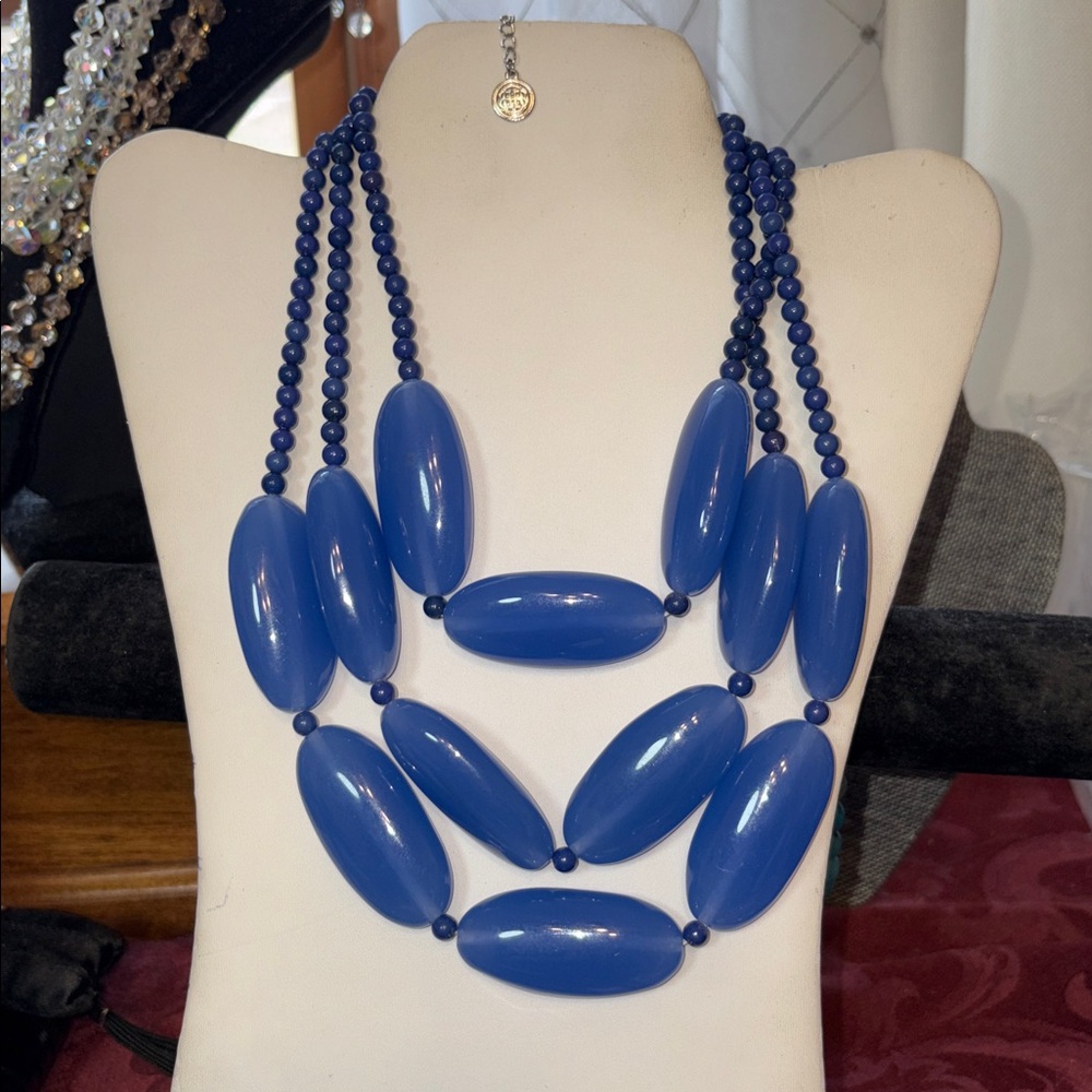 Vintage Bill Blass signed Lucite Triple Strand Blue Beaded Necklace